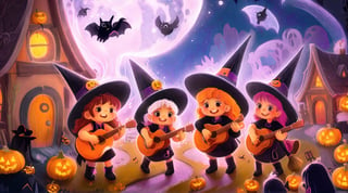 a rural fantasy village on halloween night, a group of cute witches singing with a guitar, happy mood, cartoon,
