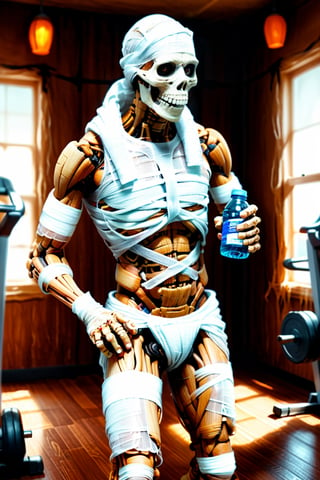 a detailed illustration of ((a mummy wrapped with white bandages)), drinking a bottle of water, ((in spooky fitness gym with running machines)), ((halloween image)), detailed background