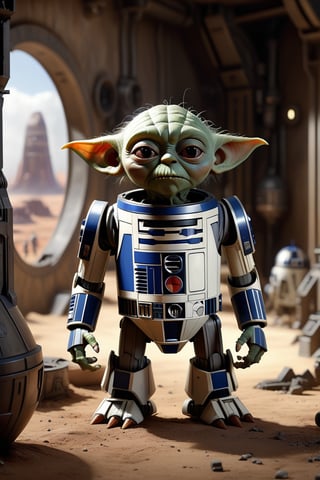 (masterpiece, best quality, photorealistic, ultra-detailed, finely detailed, high resolution, 8K wallpaper, sharp-focus), Generate a detailed photorealistic image of ((Goblin is inside R2-D2 from Star Wars)), on some planet in the space