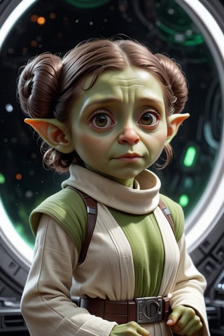 (masterpiece, best quality, photorealistic, ultra-detailed, finely detailed, high resolution, 8K wallpaper, sharp-focus), Generate a detailed illustration of ((cute Goblin with the hairstyle of Princess Leia from Star Wars)), with green face, wearing a ((white)) turtleneck clothes, on spaceship in the space
