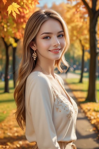 (masterpiece, best quality, photorealistic, ultra-detailed, finely detailed, ultra-high resolution), ((a beautiful full body portrait)), ((1 beautiful woman)), 20yo, wearring a fashionable clothes, earring, necklace, walking in the park, in autumn, smiling, detailed beautiful face, beautiful detailed eyes, sexy, realistic detailed skin texture, glosssy lips, soft sunshine, medium-length blonde straight long hair, side view, prompt by daffunda, photo r3al,aesthetic portrait,detailmaster2