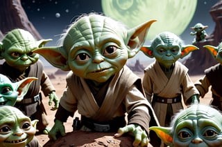 Yoda from Star Wars is among a group of goblins, on a planet in the outer space, lots of goblins, many goblins, 