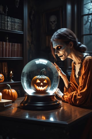 1 beautiful female ghoul is in the study room looking at the crystal ball which displays a pumpkin, halloween image, cinematic, dimly lit, at night, high definition, highly detailed, masterpiece