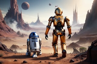 (masterpiece, best quality, photorealistic, ultra-detailed, finely detailed, high resolution, 8K wallpaper, sharp-focus), Generate a fantasy illustration of ((a deserted planet in the outer space)), ((evil goblins)) and C3-PO and R2-D2 from Star Wars are walking