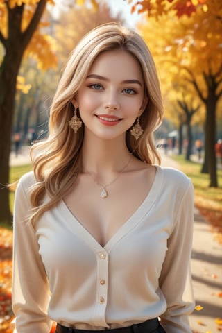 (masterpiece, best quality, photorealistic, ultra-detailed, finely detailed, ultra-high resolution), ((a beautiful full body portrait)), ((1 beautiful woman)), 20yo, wearring a fashionable clothes, earring, necklace, walking in the park, in autumn, smiling, detailed beautiful face, beautiful detailed eyes, sexy, realistic detailed skin texture, glosssy lips, soft sunshine, medium-length blonde straight long hair, photo r3al,aesthetic portrait,detailmaster2