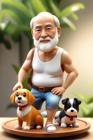 (best quality,masterpiece, photorealistic, highly detailed), 1 old man with white tank top, short pants,  and 1 cute dog, on a wooden round plate, simple background, 3d figure