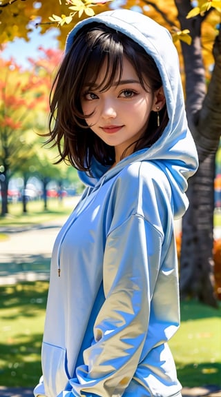 (masterpiece, best quality, photorealistic, ultra-detailed, finely detailed, high resolution, 8K wallpaper, sharp-focus), Generate ((a close-up portrait)) of ((1 beautiful girl)), 27yo, smiling, ((wearing a fashionable hoodie)), full of joy, ((in the park in autumn)), natural sunlight, beautiful detailed eyes, realistic detailed skin, light-brown short messy hair, earrings, side view