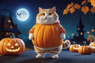 Could you please create a fantastic 3d-rendered illustration of a cute fat cat, wearing a halloween pumpkin costume, at night, detailed fur, 8k resolution, masterpiece, very realistic, detailed background, depth of field, 3d style