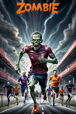 a detailed illustration of ((a cover of a sports magazine)), ((zombie olympic athletes)), ((running very fast)), ((on a highway)), halloween image, 