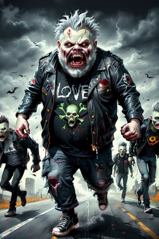 (masterpiece, best quality, highly detailed, finely detailed, high resolution, 8K wallpaper), a detailed illustration of ((a group of chubby zombie with grey Mohawk　hair and beard)), wearing a black leather jacket, black t-shirt with text as "LOVE", running very fast on a highway, halloween image, 