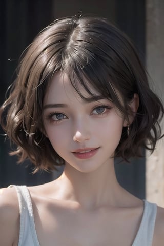 create female face, 40 years old egyptian, short hair with big curls, showing a big smile, dark theme, soothing tones, muted colors, high contrast, (natural skin texture, hyperrealism, soft light, sharp)