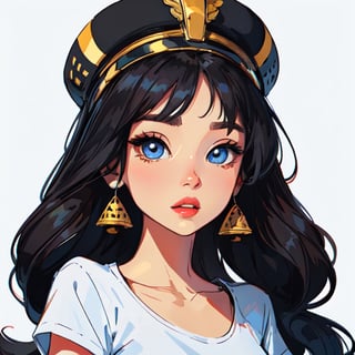 A very complex digital art for t shirt design, illustration, vector art, in white background, detailed, girl with oriental and egyptian features, big eyes and silky skin