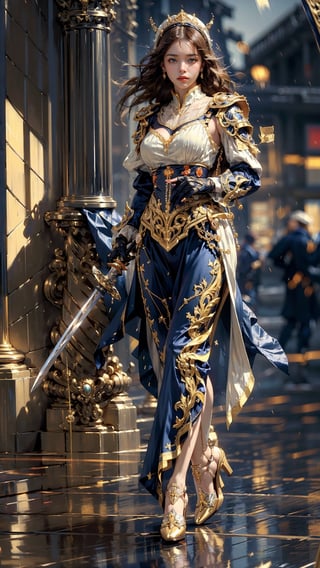joyful desperate yearn for you,18s, (gigantic  breast:1), (masterpiece), (extremely intricate:1.3), (realistic), the most beautiful in the world woman, ((medieval armor:1)), metal reflections, ((Holding a glow sword )), full body, far the castle, intense sunlight, professional photograph of a stunning woman detailed, sharp focus, dramatic, award winning, cinematic lighting, volumetrics dtx, (film grain, blurry background, blurry foreground, bokeh, depth of field, sunset, motion blur:1.3), chainmail, exposure blend, medium shot, bokeh, (hdr:1.4), high contrast, (cinematic, navy and lemon:1.4), (muted colors, dim colors, soothing tones:1.3), low saturation, high heels, mecha musume, holding weapoon,