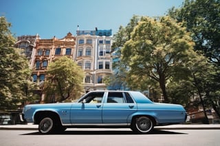 Blue sky, city, buildings, tree, car.