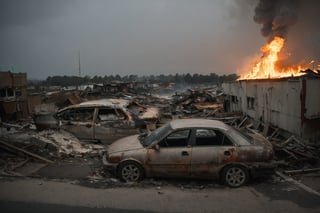 City, buildings, abandoned, loneliness, apocalypse, destruction, ruins, cars, fire, dark sky, smoke.