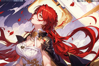 (Masterpiece, top quality, best quality, official art, beautiful and aesthetic:1.2), 1girl, official, head, yellow eyes, red hair, long hair, white dress, black jacket, golden rose on neck, single earring