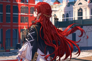 (Masterpiece, top quality, best quality, official art, beautiful and aesthetic:1.2), 1girl, official, head, red hair, long hair, white dress, black jacket, from_behind, upper_body