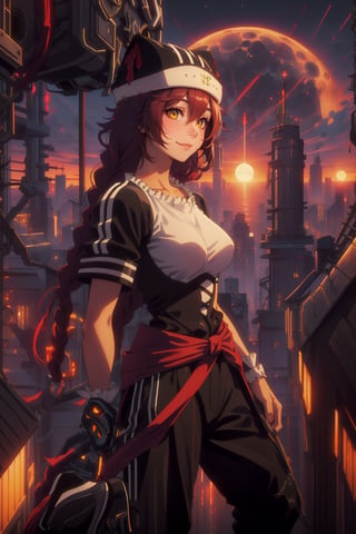 8k, ((best quality)), ((masterpiece)), high_res, anime, (upper body: 1.2), contrast lighting, concept art
1 girl, solo, red hair, sexy body,average breasts, model pose, on the roof, (orange shirt), (breeches: \black\), socks, (sneakers: \red\)
landscape, (city in sundown, sun and moon),perfect light,CyberpunkWorld,((lupusregina beta))