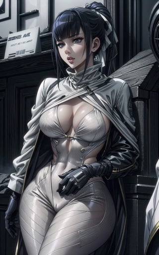 beautiful 1women,wearing a white leopard suit and a jacket on top,sexy,seducing,masterpiece, best quality, narberal gamma, black hair, ponytail,b1mb0