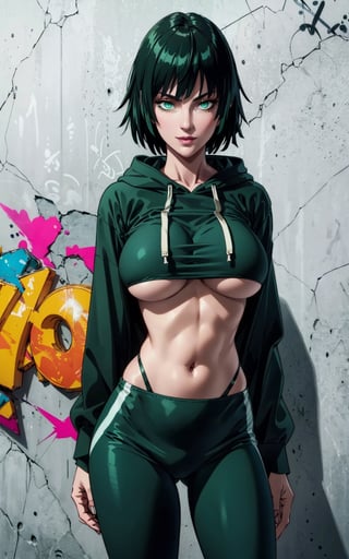 1girl, fubuki, green eyes, smiley, short hair, green hair, cropped hoodie underboob cut, blue leggings, skinny waist:1.3, huge breasts, huge hip, navel, underboob cut hoodie(detailed face:1.2), (detailed eyes:1.2), (detailed background), graffiti wall, realhands, more detail