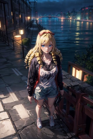 8k, ((best quality)), ((masterpiece)), high_res, realistic, (from above: 1.2), (full shot: 1.4), cowboy shot
1 girl, solo, mature, on the bridge, blonde hair, drill hair, black sport shirt, white shorties, sneakers, 
background, (river, night city),yofukashi background,solution epsilon, large breasts