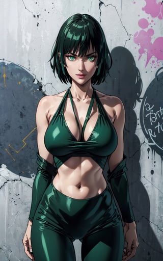 1girl, fubuki, green eyes, smiley, short hair, green hair, halter dress sideboob, blue leggings, skinny waist:1.3, huge breasts, huge hip, navel, (detailed face:1.2), (detailed eyes:1.2), (detailed background), graffiti wall, realhands, more detail