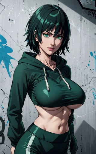 1girl, fubuki, dark green eyes, smiley, short hair, green hair, cropped hoodie underboob cut, blue leggings, skinny waist:1.3, huge breasts, huge hip, navel, underboob cut hoodie(detailed face:1.2), (detailed eyes:1.2), (detailed background), graffiti wall, realhands, more detail