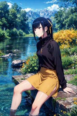 masterpiece,best quality,1girl,mature female,narberal gamma,black eyes,black sweater,cross necklace,high collar dress,yellow jacket,pencil skirt,black skirt,sitting,neutral expression,outdoors,riverbank,wind,water drop,