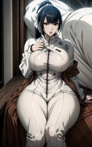 beautiful 1women,wearing a white leopard suit and a jacket on top,sexy,seducing,masterpiece, best quality, narberal gamma, black hair, ponytail,b1mb0