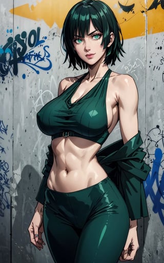 1girl, fubuki, green eyes, smiley, short hair, green hair, halter dress sideboob, blue leggings, skinny waist:1.3, huge breasts, huge hip, navel, (detailed face:1.2), (detailed eyes:1.2), (detailed background), graffiti wall, realhands, more detail