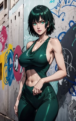 1girl, fubuki, green eyes, smiley, short hair, green hair, halter dress sideboob, blue leggings, skinny waist:1.3, huge breasts, huge hip, navel, (detailed face:1.2), (detailed eyes:1.2), (detailed background), graffiti wall, realhands, more detail