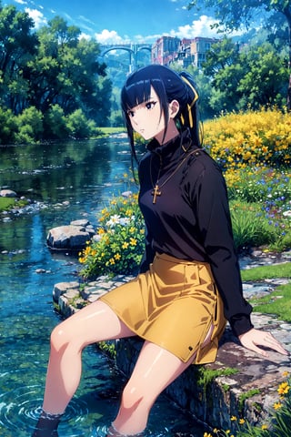 masterpiece,best quality,1girl,mature female,narberal gamma,black eyes,black sweater,cross necklace,high collar dress,yellow jacket,pencil skirt,black skirt,sitting,neutral expression,outdoors,riverbank,wind,water drop,