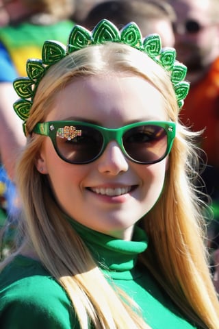 Celts,Celts carnival,beautiful girl, looking_at_viewer,sun glasses,blonde hair,fair skinned,Celtic outfit,in a carnival,St Patrick,St Patrick's day