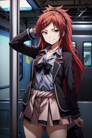 solo, 1girl, looking at viewer, 2D, anime, anime coloring, (metro train background:1.3), , asuha chigusa, school uniform, looking at viewer, smile, smirk,asuha chigusa,mini skirt,unbuttoned shirt,sexy model pose,HD