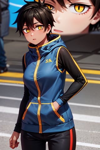 natsumikurobe, ,natsumi kurobe, short hair, black hair, (yellow eyes:1.3), (slit pupils:1.5), dark skin, dark-skinned female,BREAK jacket, pants, hood, zipper, tomboy,BREAK outdoors, city,BREAK looking at viewer, (cowboy shot:1.5),BREAK (masterpiece:1.2), best quality, high resolution, unity 8k wallpaper, (illustration:0.8), (beautiful detailed eyes:1.6), extremely detailed face, perfect lighting, extremely detailed CG, (perfect hands, perfect anatomy),