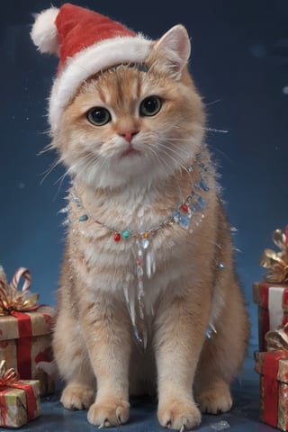 Xmas ice covered scene of a cat wearing santa hat with icicles surrounded by neatly wrapped christmas gifts,jinjianceng