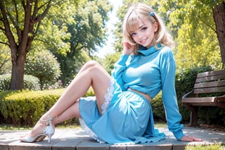 A young girl with her sapphire blue eyes reflecting wisdom and mystery is sitting in a park in 1970, . She is wearing a light blue sweater and a white dress, her hair is blonde, and she has a beautiful smile, big_boobies, full body, white teeth,8k,photorealistic , detailed face,detailed background , sharp focus, beautiful face , high_resolution, full_body seeing ,inboxDollPlaySetQuiron style,robot