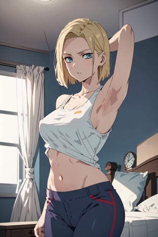 Android 18, adult, tall girl, 1girl, android 18, blonde hair, bed room, tank top, armpits, blue eyes, short hair, looking at viewer, standing, shirt, in pants, black thights, panties, legs, collarbon, breasts,1girl, raised arms, nipples through top,nn1