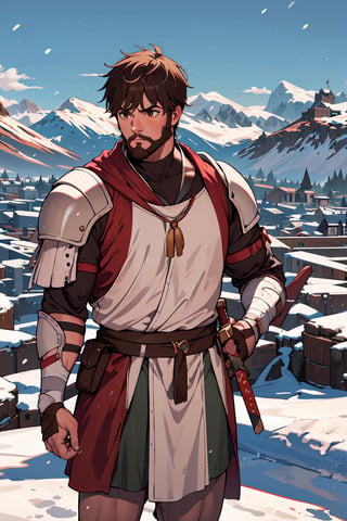 masterpiece, best quality, absurdres, perfect antomy, cowboy shot, standing, outdoors, castle, montains, snow, armor, bandage, 1boy, brown hair, athletics, sword, beard, tunic, little armor, roman armor, ragged, young, hair bangs, skinny