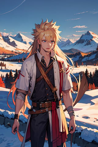 masterpiece, best quality, absurdres, cowboy shot, standing, outdoors, castle, montains, snow, bandage, 1boy, blonde hair, archer, tunic, ragged, young, long_hair, skinny,vash the stampede