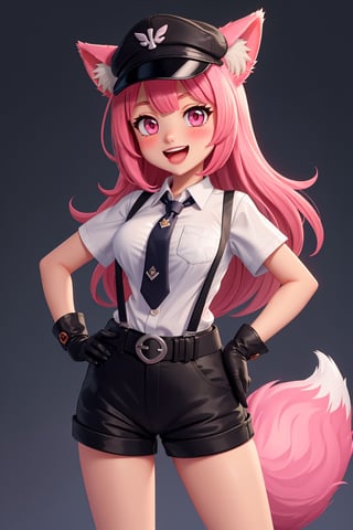 1girl, :d, animal ear fluff, animal ears, bangs, belt, black gloves, black shorts, blush, breasts, collared shirt, cowboy shot, fox ears, fox tail, gloves, hand on hip, hand up, hat, long hair, looking at viewer, multicolored hair, necktie, open mouth, pants, peaked cap, pink eyes, pink hair, pink nails, shirt, short sleeves, shorts, smile, solo, sparkle, suspenders, tail, very long hair, white shirt