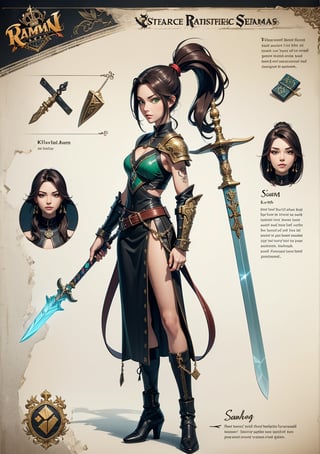 The concept character sheet of a strong, attractive, and resolute Witch Hunter, Her studded leather armor is worn but well-maintained, decorated with sacred symbols of the god Sigmar, talismans and faith relics. She holds a long, rune-engraved sword in one hand and a three-chained flail in the other. Hanging from her belt are scrolls and vials containing mysterious substances,, full body,  Full of details, frontal body view, back body view, Highly detailed, Depth, Many parts,((Masterpiece, Highest quality)), 8k, Detailed face (ponytail hair) (dark hair) (green eyes), Infographic drawing. Multiple sexy poses. tattoos,3d,SAM YANG,incase