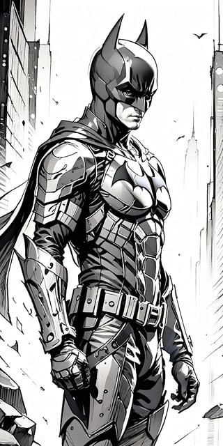 solo,  batman, badass, from side, looking at viewer,  weathered armor suit, Gotham City, ((monochrome)), gray scale, greyscale, ((Pencil sketch)), professional style, detailed image, ((masterpiece quality: 2)), attractive image. ,Details,Detailed Masterpiece,Reflections