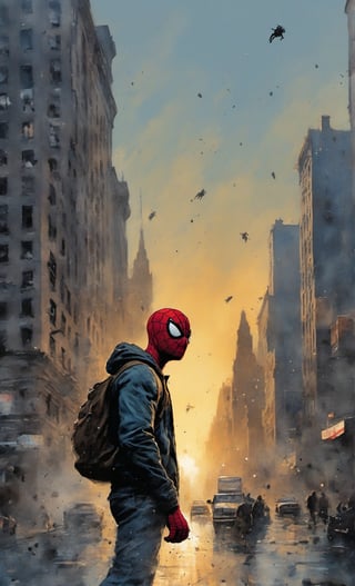 Masterpiece, 8k, chinese ink drawing, 1080P,New York City, facing fears, 6000, splashes of dark black to faint light grey, Tom McFarlane, Urban Comics, lost, solo, Spiderman swinging from the sky, with combat weathered suit, Poorly_lit, Dark, Shadows, sadness, confusion, depravade, crawling, begging the skies for help, 