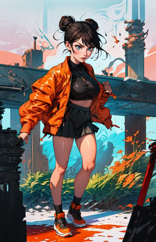 (Midjourney style), (Best illustrative quality 8k) 1girl, (beautiful, aesthetic, perfect, delicate, intricate:1.2), ((female named: Lea, full body, finely detailed_body, perfect face, perfecteyes, Detailedface, Detailedeyes, hazel eyes, black hair with orange highlights, hair in a bun, eyeliner, red lips, smirking, outfit, Urban Samurai, urban techwear, jacket, orange_jacket, long_sleeves, black_jacket, mini_skirt, winter_clothes )), (natural sexy breast),