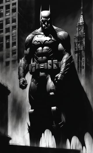 score_9, score_8_up, score_7_up, score_6_up, CharcoalDarkStyle, Batman with combat weathered armors suit, top of a building, source_anime, Gotham City, facing fears, splashes of dark black to faint light grey, Tim Sale, Urban Comics, lost, solo,  Poorly_lit, Dark, Shadows, sadness, confusion, depravade, crawling, begging the skies for help, dark, sketch, drawn with charcoal, monochrome, black and white, (Masterpiece:1.3) (best quality:1.2) (high quality:1.1) 