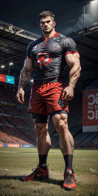 Create a detailed image of a Stade Toulousain Rugby player, sport field background. He wears Nike black and red t-shirt and a black short. His eyes convey fierce determination and a thirst for redemption. The lighting should be dramatic, with shadows accentuating his fierce expression and the details of his muscles and tattoos. standing action pose, sport field background, He is playing on a green field, perfect hands, (detailed face, detailed skin texture, area lighting, HD, 8k, best illumination, ((full_body)),