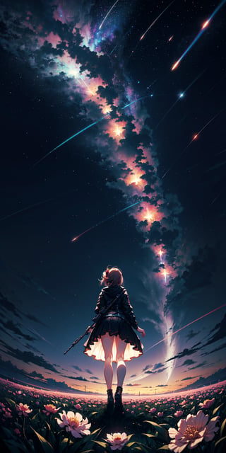 (bottom view), cyberpunk girl standing in a flower field looking up (full moon), (shooting stars), (nebula), peonie, (warm light source:), (Firefly), intricate details, volumetric lighting, (masterpiece), (best quality), 4k, ultra-detailed, (dynamic composition), highly detailed, colorful details, (rainbow colors), (glowing lighting, atmospheric lighting), dreamy, magical,