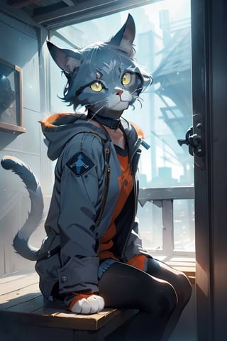 comic book, (Creates a realistic artistic representation of a Chartreux breed cat. Captures the majesty and gentleness of this iconic cat breed through the details of their coat, eyes and silhouette. Be sure to accurately capture the shades of blue, gray, and silver in the coat, as well as the gentle, attentive expression in his copper-to-orange eyes. The cat's posture should reflect both its pride and its natural grace. Ensure that the work of art conveys the very essence of the beauty and elegance of Chartreux), seated on a Parisian roof, facing camera, dark cloudy night background, maxime teppe,no_humans,r1ge,GlowingRunes_,breakdomain, no collar,