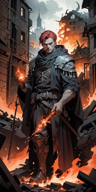 A young mage of Aqshy stands confidently amidst swirling flames in the ruined city of Mordheim. He has fiery red hair that matches the intensity of his spellcasting. His eyes glow with an inner fire, reflecting the power of the Red Wind of Magic. Dressed in a crimson robe adorned with intricate flame patterns, he holds a staff topped with a blazing ruby. Around him, the air shimmers with heat, and embers float like fiery snowflakes. The crumbling buildings and dark, twisted alleys of Mordheim form a haunting backdrop, with shadows cast by the flickering flames. His expression is a mix of determination and focus, ready to unleash the destructive power of Aqshy amidst the chaos and danger of the city., perfect hands, (detailed face, detailed skin texture, area lighting, HD, 8k, best illumination, ((full_body)), (medieval backgound), Dark_Mediaval,oil painting